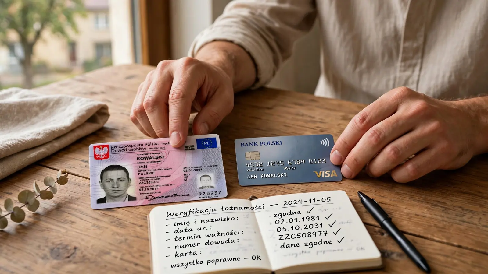 Ręce weryfikujące dowód osobisty i kartę bankową